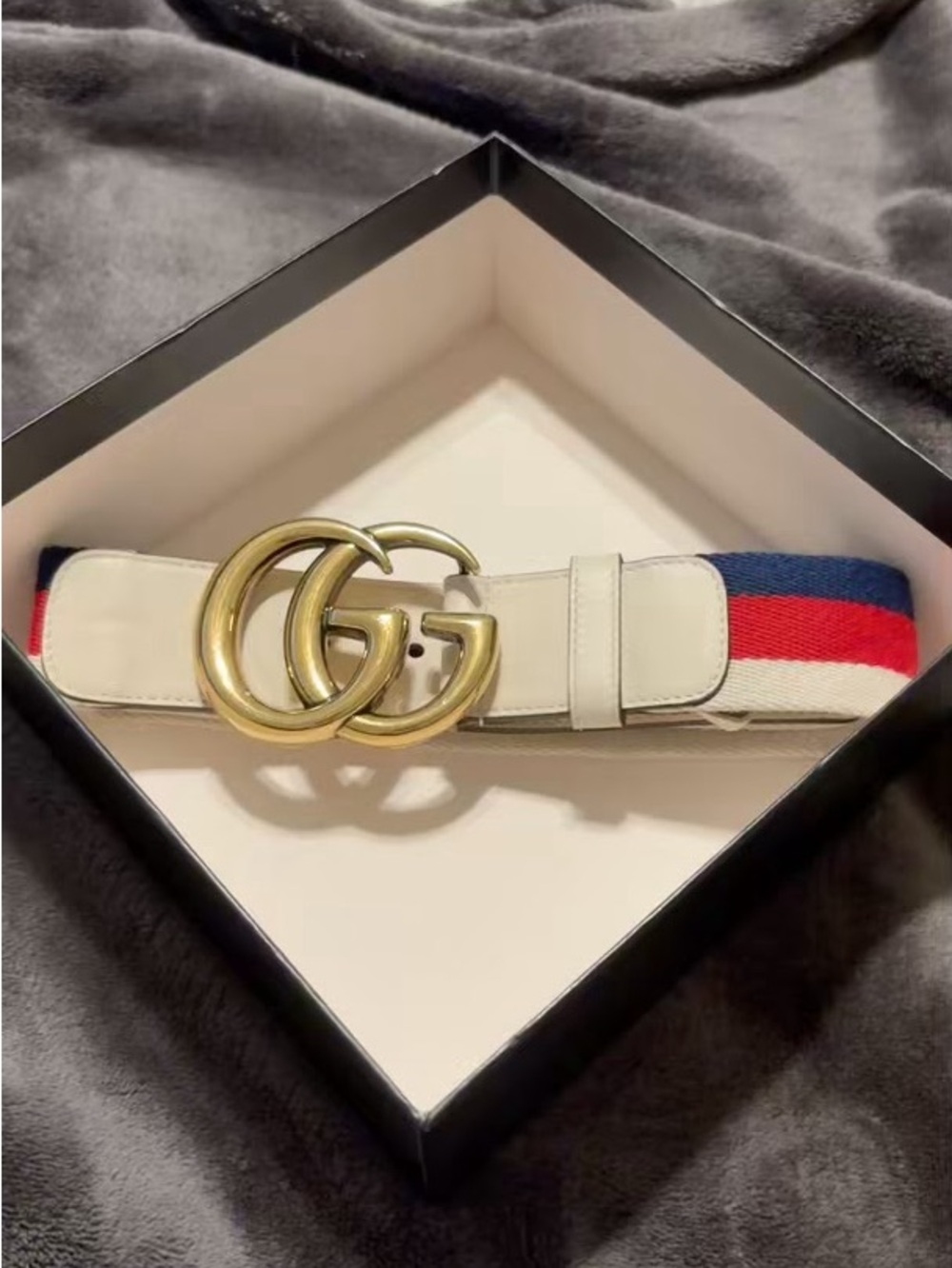 Authentic Gucci Sylvie Web Double G 40mm Belt in Mystic White Leather